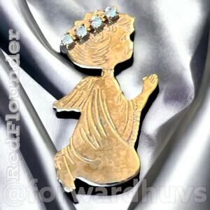 Vintage Gold Tone Angel Praying with Rhinestone Halo Brooch